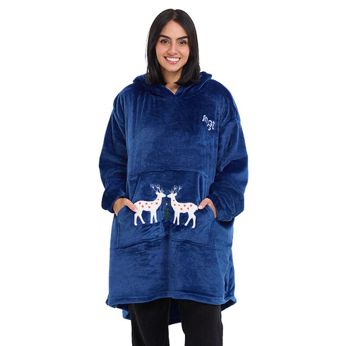 Snuggs Blanket Hoodie Dark Blue Christmas Deer Pocket